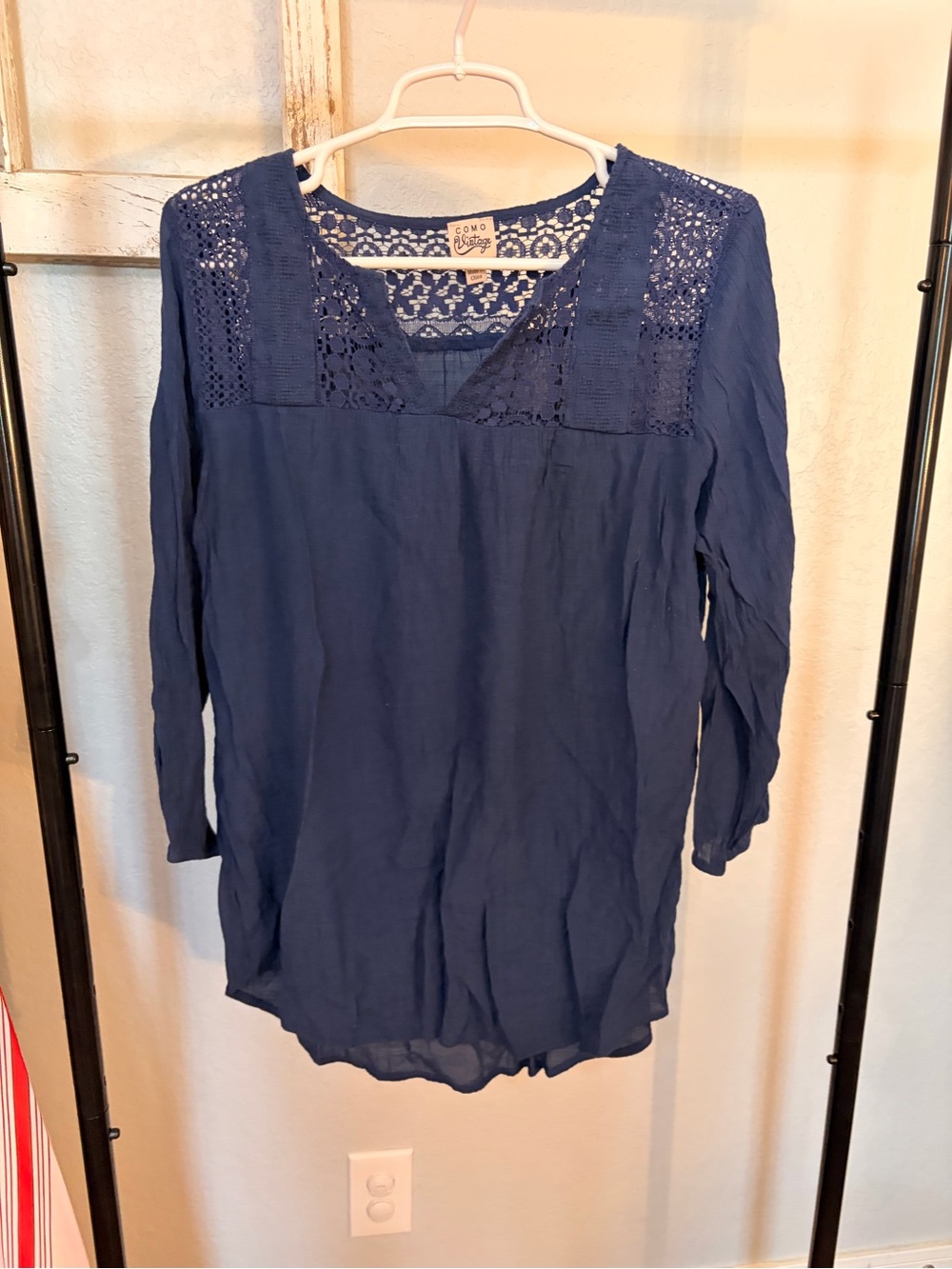 Como Vintage Deep Blue Lace Yoke Tunic Top